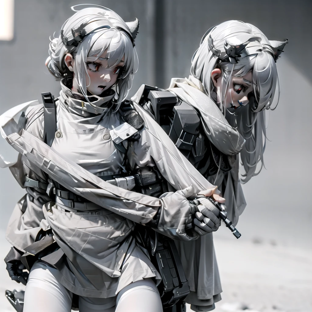 masterpiece, highest quality, highest resolution, clear_image, detailed details, White hair, long hair, cat ears, 1 girl, red eyes, military gear (wearing military gear with a short skirt and white pantyhose), sci-fi drones (drones flying around), white scarf (white scarf covering the neck), gray futuristic halo (gray halo over the head), white futuristic wings (white futuristic wings attached to the waist of the body) ,holding a h&k hk416, cute, no water marks, snow, network background