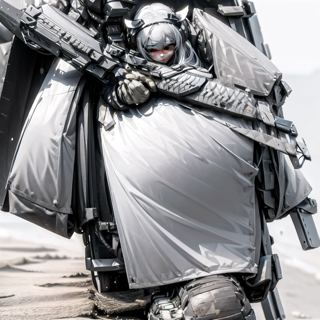 masterpiece, highest quality, highest resolution, clear_image, detailed details, White hair, long hair, cat ears, 1 girl, red eyes, military gear (wearing military gear with a short skirt and white pantyhose), sci-fi drones (drones flying around), white scarf (white scarf covering the neck), gray futuristic halo (gray halo over the head), white futuristic wings (white futuristic wings attached to the waist of the body) ,holding a h&k hk416, cute, no water marks, snow, network background