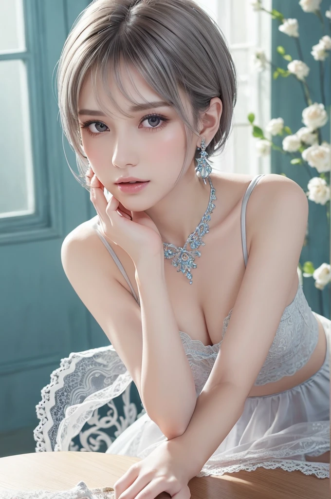 blue lace thong&Good, (((Very elegant and beautiful, Perfect detail, Super detailed))), whole body, The most detailed girl, Depth of written boundary, 美しく詳細なwhole body, Thin legs, 1 girl, 30 years old, Very short hair, Spiked Hair, Gray and silver hair, Beautiful detailed hair, Perfect Face, Expressionless, Beautifully detailed deep eyes, Open your mouth a little, Delicate arms and hands, Pale skin, Earrings, Beautiful and gorgeous necklace, Colorful background, HD background, Blurred Background, Very delicate and beautiful, Masterpiece, (((Highest quality, Very beautiful 8K CG wallpaper))), (((Trendy hairstyles))), (Inside the room,Stylish interior,window),
