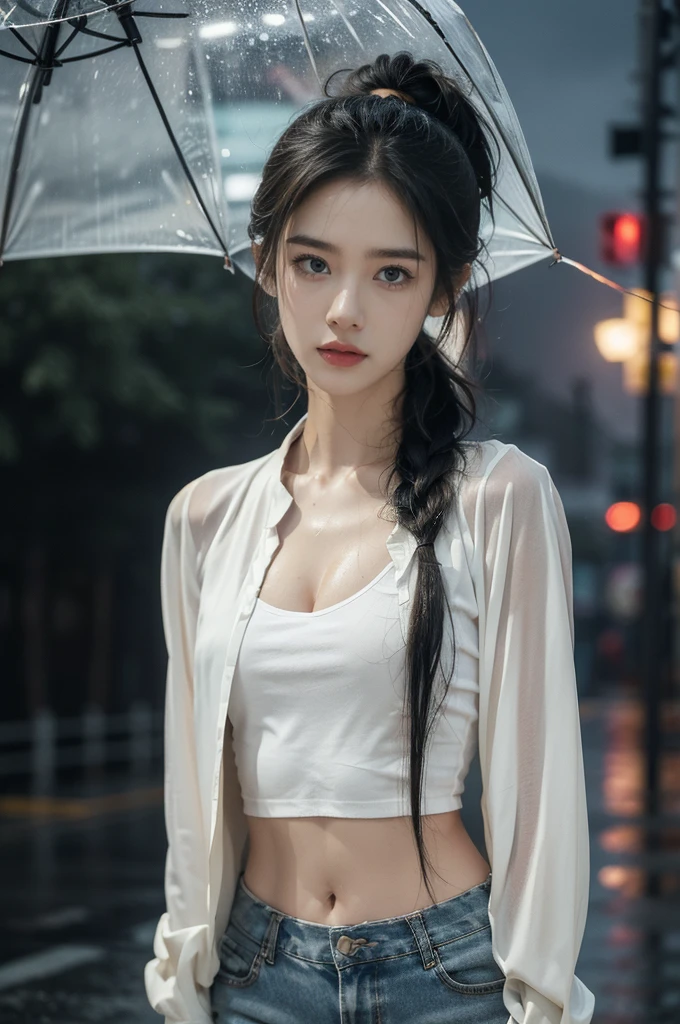 (((best quality))),(((ultra detailed))),(((masterpiece))),illustration,1girl, young,solo, slim,thin,short ponytail,small breasts,flat chest,white collared shirt,(cleavage,navel),shorts,standing,arms behind back,rainy night, heavy rain, drenched clothes, melancholy expression, solitude, tear rolling down cheek, wet hair, empty streets, dimly lit, deserted environment, sound of rain, footsteps, symbol of hope, abandoned, resilience, determination, walking in rain, heartbreak, loss, love fading, loneliness, body language, facial expression, dreary atmosphere, rain-soaked streets, somber mood, viewer engagement,((upper body,from front)),urban scape,night scene