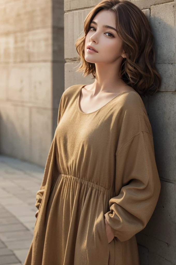 (masterpiece:1.3), (8K, Realistic, RAW Photos, Highest quality: 1.4), (One Girl), Beautiful Face, (Realistic Face), (Brown Hair, Short hair with loose waves:1.3), Beautiful Hairstyles, Realistic eyes, Beautiful details, (Realistic Skin,Landscape,Look away,Looking Up,Brush your hair up), Beautiful Skin, (Nice dress,Big size,Black Dress,Long sleeve), Absurd, charm, Ultra-high resolution, Ultra-realistic, Very detailed, Golden Ratio,Concrete wall,