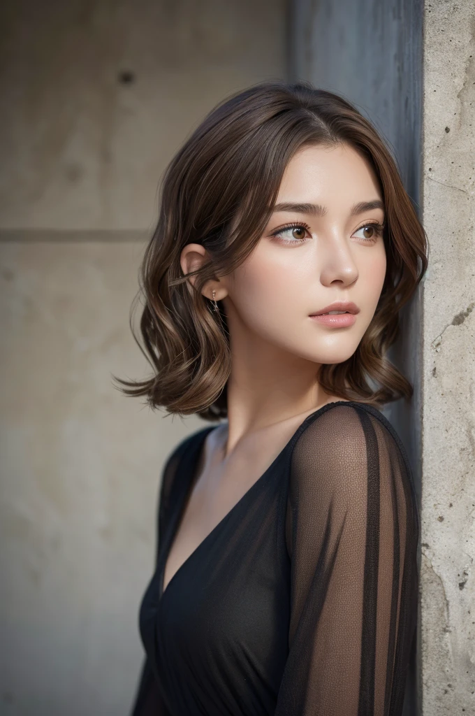 (masterpiece:1.3), (8K, Realistic, RAW Photos, Highest quality: 1.4), (One Girl), Beautiful Face, (Realistic Face), (Brown Hair, Short hair with loose waves:1.3), Beautiful Hairstyles, Realistic eyes, Beautiful details, (Realistic Skin,Landscape,Look away,Looking Up,Brush your hair up), Beautiful Skin, (Nice dress,Big size,Black Dress,Long sleeve), Absurd, charm, Ultra-high resolution, Ultra-realistic, Very detailed, Golden Ratio,Concrete wall,
