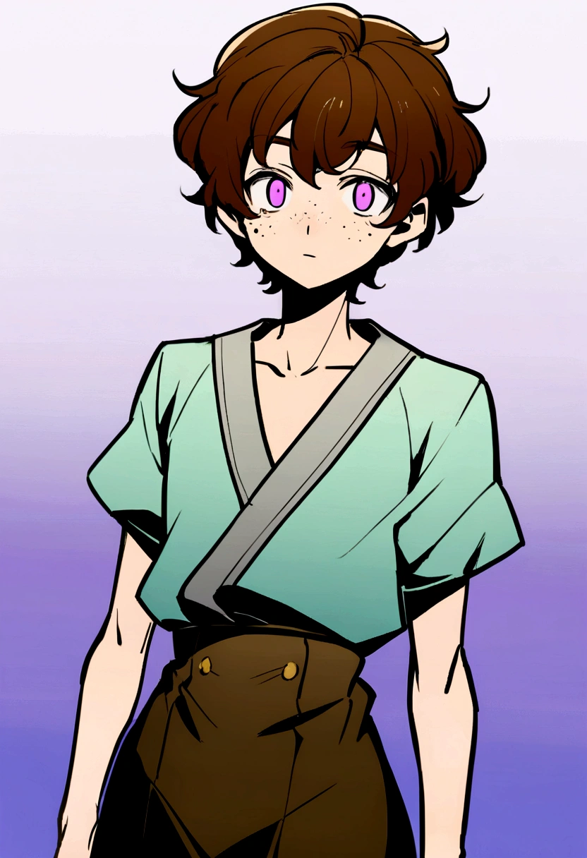 Change the background to a very light lilac one, the shirt with a white button-down one, the pants for a beige one, have a smile. Make your hair a copper tone and the ends of your hair a little lighter.. May they be much crazier in your face, a mole on his neck and several moles on his body
