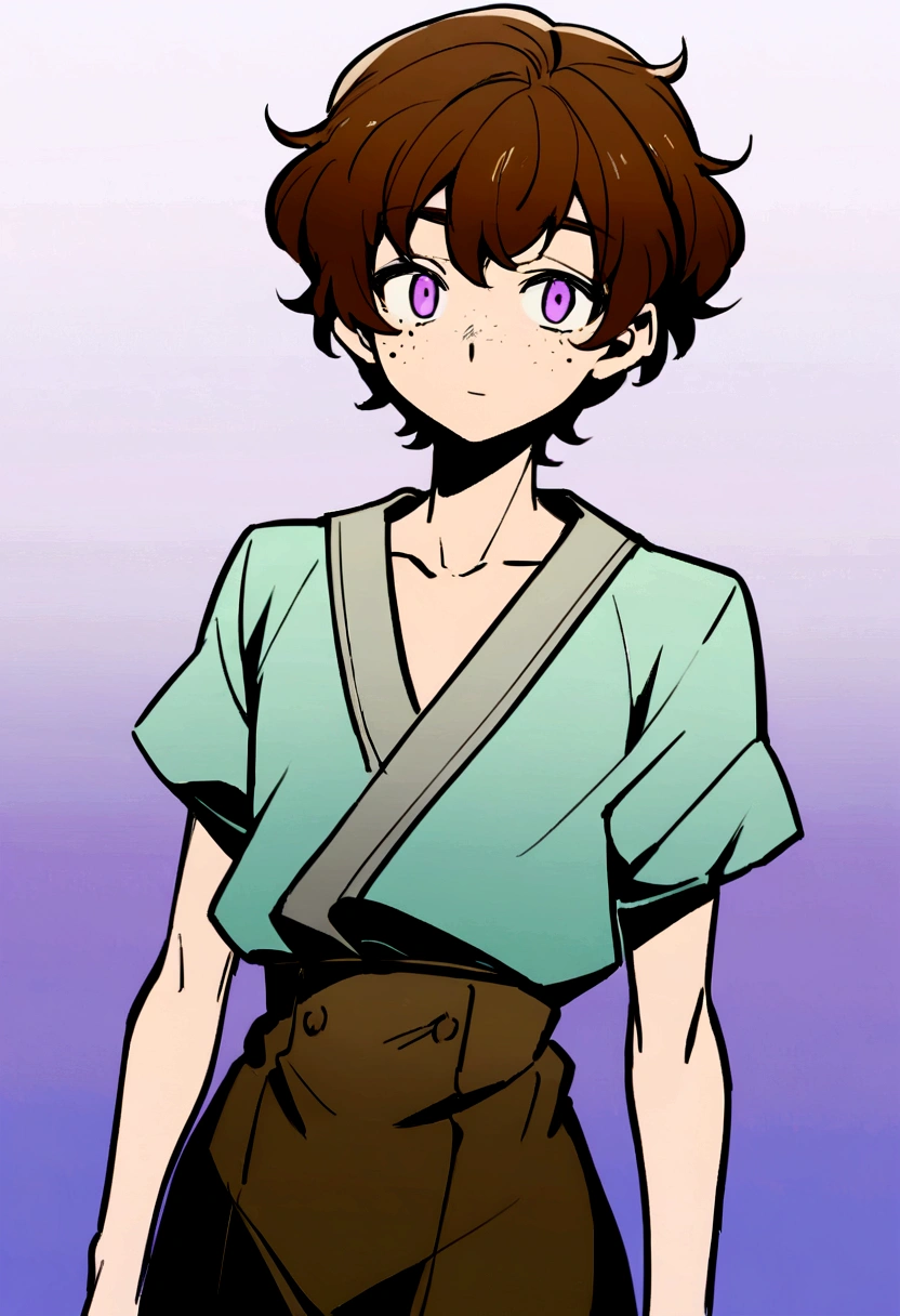 Change the background to a very light lilac one, the shirt with a white button-down one, the pants for a beige one, have a smile. Make your hair a copper tone and the ends of your hair a little lighter.. May they be much crazier in your face, a mole on his neck and several moles on his body