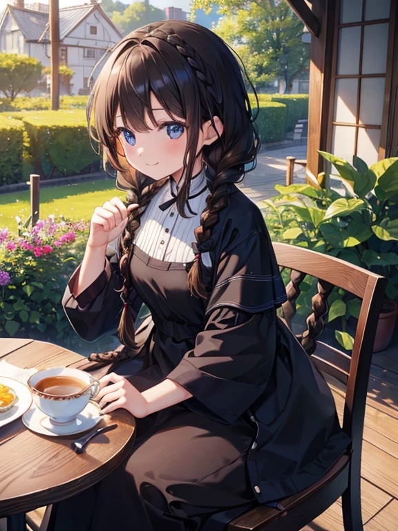 (8K, Highest quality, tableトップ:1.2), Ultra-high resolution, 7--old l, Perfect Fingers, Detailed face, smile, black eye, Brown Hair, (multiple braids:1.5), Blue Apron Dress, garden, flower bed, table, tableクロス, Black tea, Tea cup, cake, Sit on a chair, Black teaを飲む