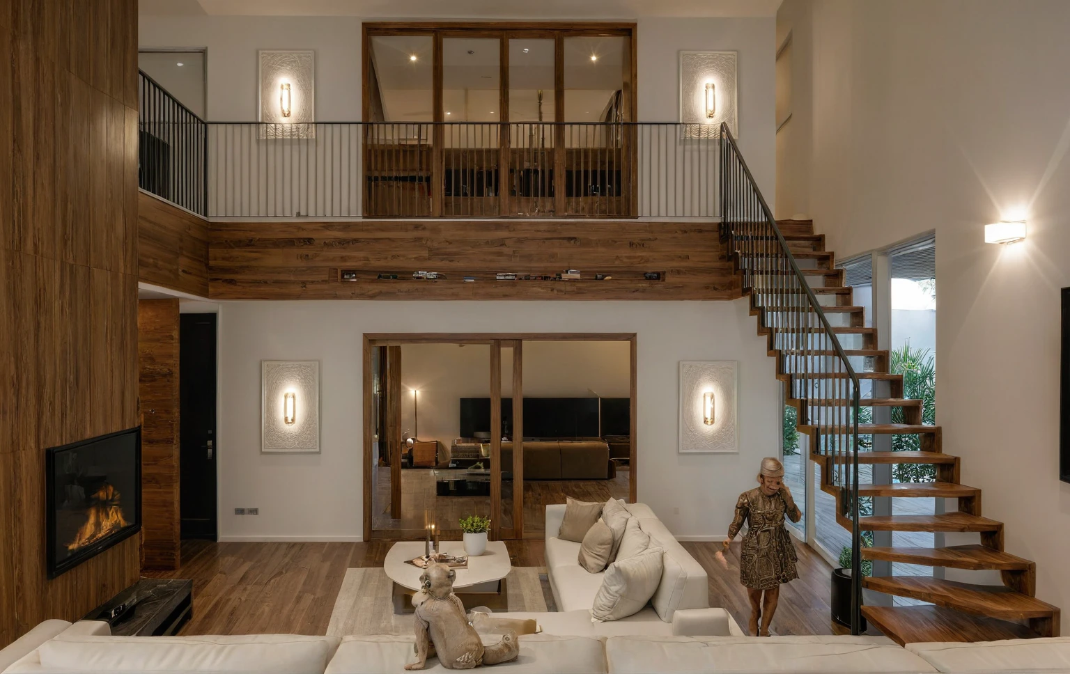 Raw photo, Masterpiece, high quality, best quality, authentic, super detail, interior, indoors, style Indochine modern, minimalist line, wooden, walnut veneer wood, led light, white paint wall, sofa, daylight, atrium, LIVING ROOM, PEN HOUSE,