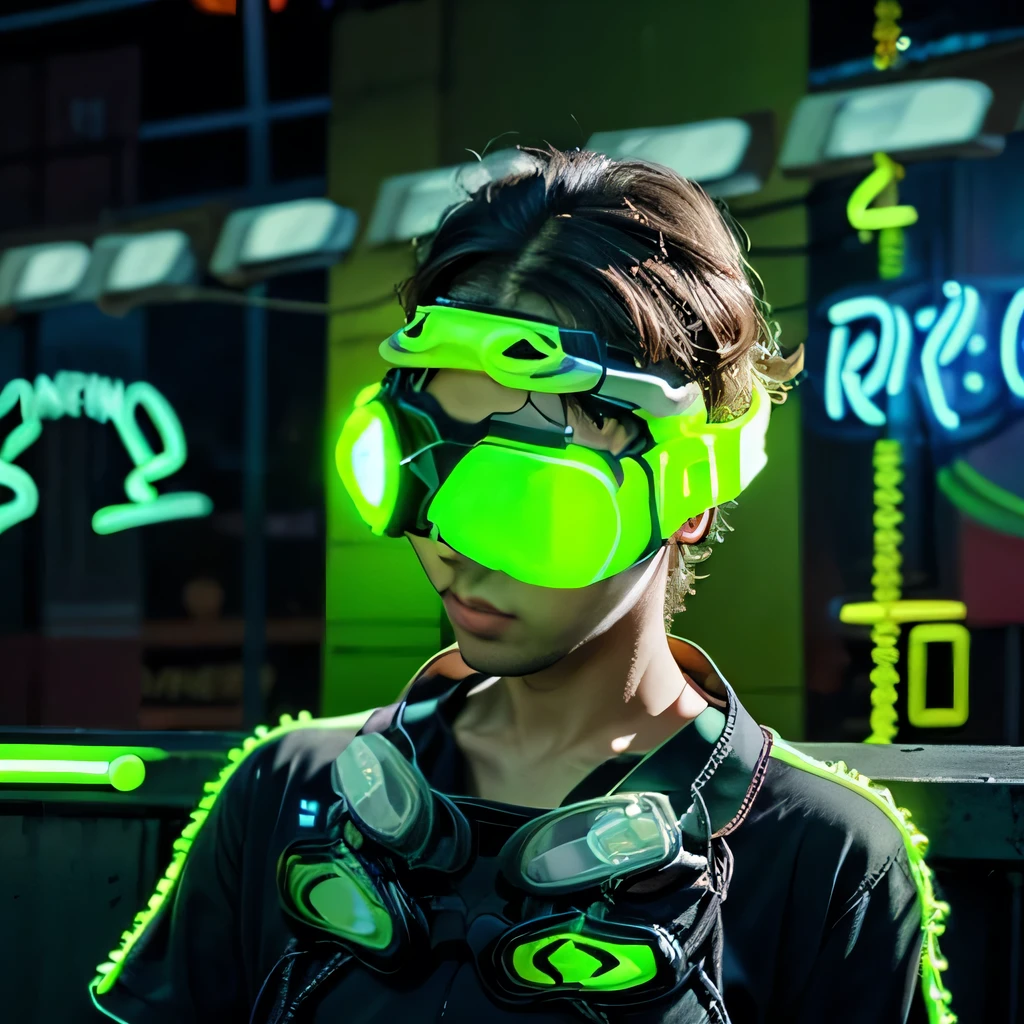 best quality, ultra-detailed, realistic, (1man), (black shirts:1.3), (fluorescent goggles:1.8), (neon sign:1.6)
