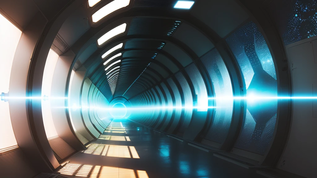 sci-fi art, an all-glass tunnel of soft light, no human, dark background