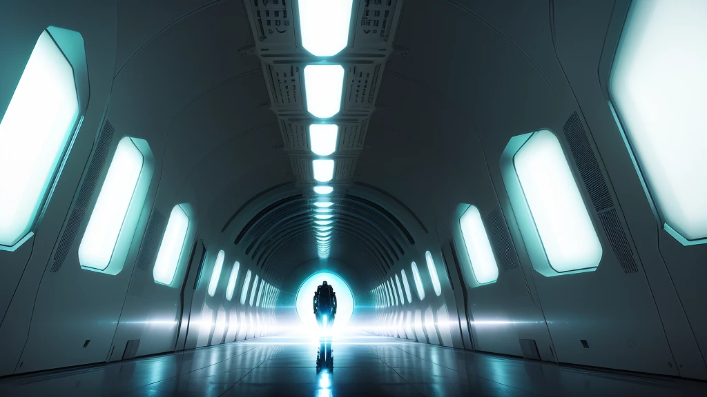 sci-fi art, an all-glass tunnel of soft light, no human, dark background