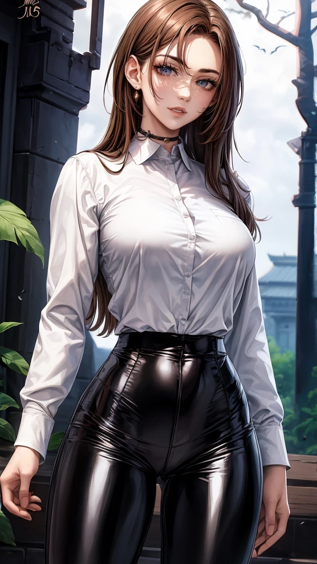 (bright red eyes)beautiful, beautiful woman, perfect anatomy, perfect body, whole body, big breasts, choker:1.6, captivating look, slight smile, realism, from behind, facial focus,(looking at the viewer:1.2) Masterpiece, Rough skin, super detailed, high detail, high quality, 最high quality, 1080P, 16k, realist, 1 girl, (Brown hair:1.6, waist length hair), crop top, shiny black leggings, Chapped lips, blush, evening, sollight, (white long sleeve collared shirt:1.4), (shiny black boots), shy, path, dark forest, por la evening, Moonlight