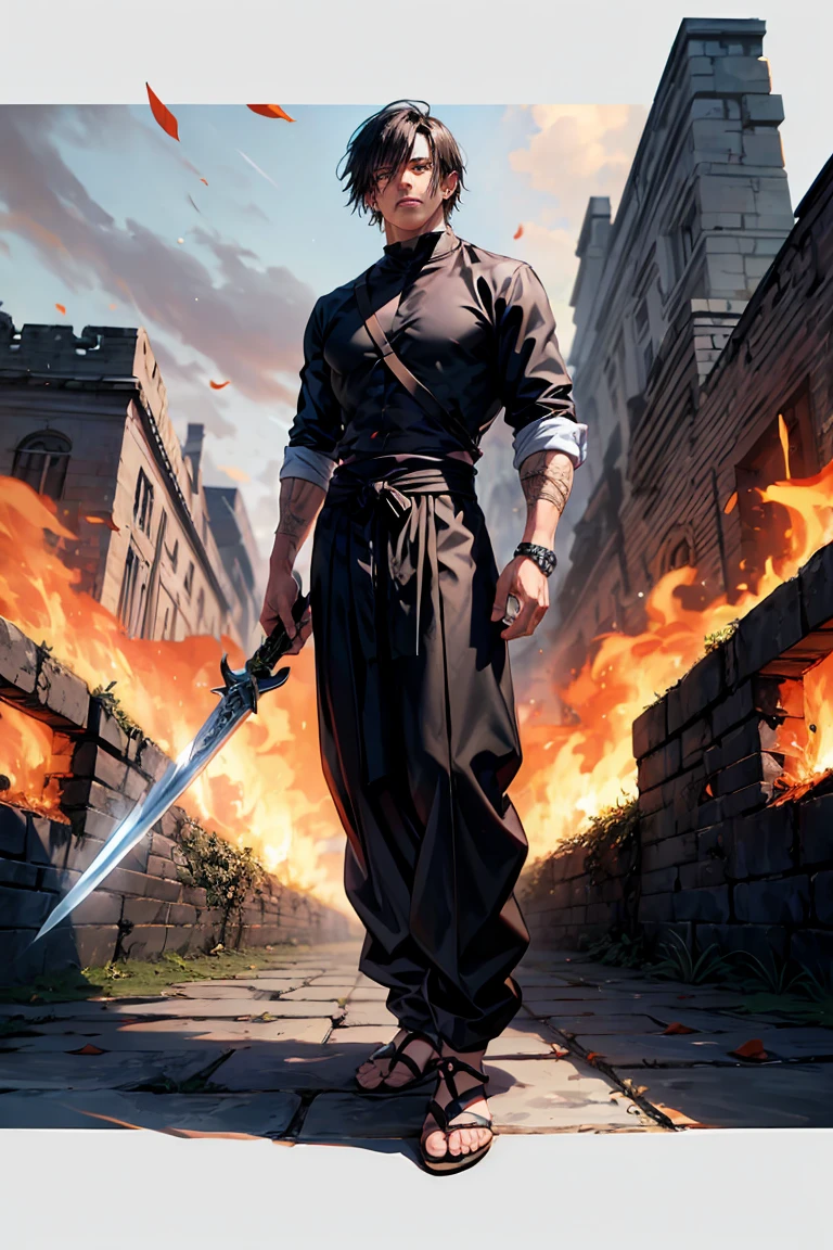 Burly character, 1.85 Height, egocentric look, dark hair, short hair, tanned skin, a sword with a chain, ninja mask, ninja clothes, Baggy pants.Scars on the face, Egocentric look, medieval world, ruined castle and fire background