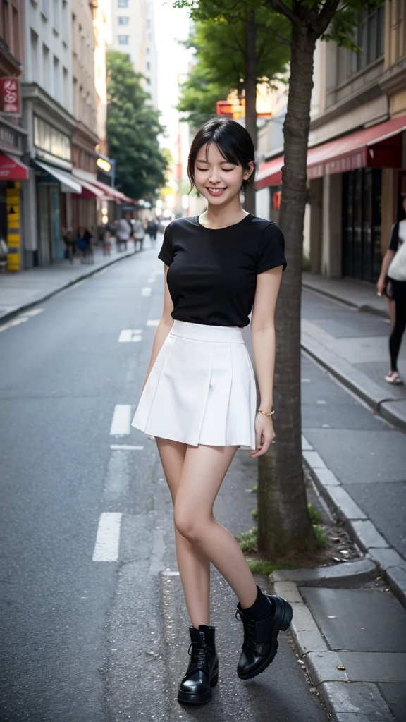 1 woman, 15 year old woman, , medium breasts, medium ass, little thick legs, tall woman, White skin, short black hair, standing, looking at the viewer, smiling, Closed eyes, Short skirt, on the street