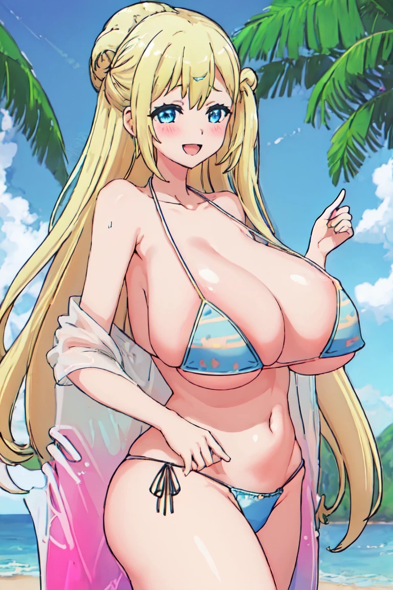 best quality, masterpiece, highres, solo, {enome_futokunoguild:1.15}, blonde_hair, long_hair, blush, blue_eyes, open_mouth, ((beach)),((bikini,)) (nagatiti,gigantic breasts:1.3), 1girl, hair_bun, single_hair_bun, smile, :d, looking_at_viewer, coyboy shot