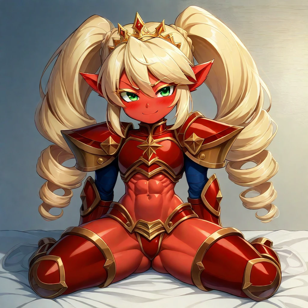  Lancer Artoria body (Alexis Texas Face), elegant adult female, blonde, green eyes (yellow eyelashes) crown, turtleneck, full body sitting on a bench, showing ass to me, RED breastplate, RED skin (1SologirlRED skin:1.2), looking at viewer, shiny, armor, thigh highs, high boots, pauldrons shoulder armor, faulds, poleyn, RED gloves gauntlets, rerebrace, RED military armored boots, yordle muscular lean platinum blonde long twin tails hairstyle at the bedroom lustful smirking smile face red blushed, blush, strong abs, female body builder, tiara, twin drills hair, (masterpiece, best quality, ultra detailed, best shadow)