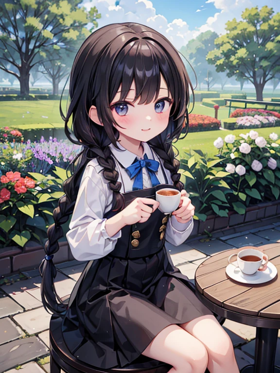(8K, Highest quality, tableトップ:1.2), Ultra-high resolution, , Perfect Fingers, Detailed face, smile, black eye, Brown Hair, (multiple braids:1.5), Blue Apron Dress, garden, flower bed, table, tableクロス, Black tea, Tea cup, cake, Sit on a chair, Black teaを飲む