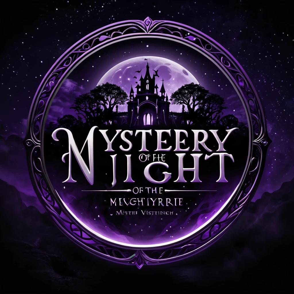 create a logo that says "MYSTERY OF THE NIGHT" with mystical, scary, unique letters. use black and purple and a white background