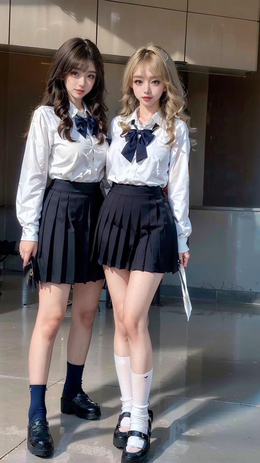 (scene; (Two women:1.8)), Gal, (Two high school girls), (Shopping mall, Shopping Street, street, Outdoor), (Full body portrait, Photograph the whole body, Are standing, Doing sexy poses), (Tall, Thin thighs, Elongated arms and legs, Small waist, Small hips), ((Highly detailed skin), Beautiful realistic face, White skin, Pointed Chest, Perfect Anatomy, Realistic eyes, Natural Eyes, Brown eyes, Accurate eye focus, Accurate limbs), (Hyper Realist, Ultra-realistic, 4K, Attention to detail, Ultra-high resolution, Highest quality, masterpiece, Presence, dynamic, Uplifting, bold, Sharpness), (Big Breasts:1.5), (Cleavage:1.5), (Blonde long hair:1.5, loose wavy long hair:1.5, Loose curly hair:1.5), (sleek bangs), (Twin tail hair), ((White collared shirt, Navy pleated mini skirt, Navy colored socks, Black loafers, Ribbon tie)), High school girl in uniform, Surreal high school girl, tall, High school girls in uniform, smile, Cleavageを強調, (Are standingTwo high school girls:1.8),