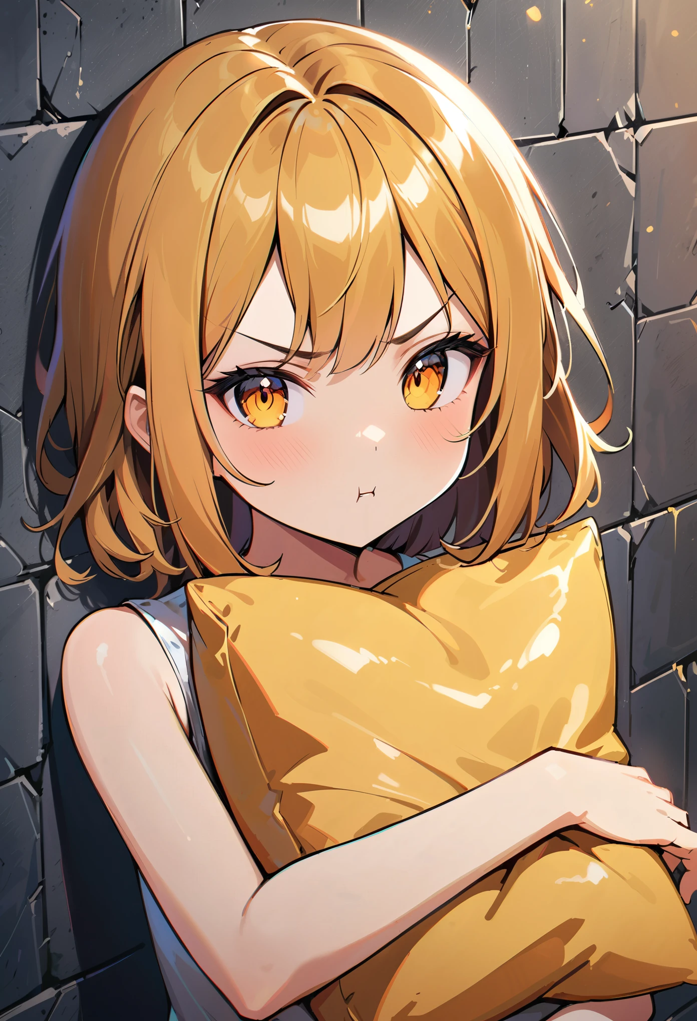portrait,1 Girl,Holding a pillow,Pout,Honey yellow color,Against the wall,reality阴影,reality,