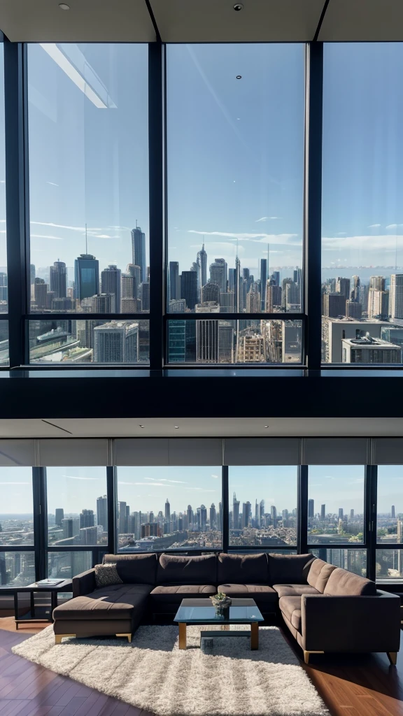 there is a living room with a couch and a coffee table, expansive cinematic view, skyline showing from the windows, luxury condo interior, city apartment, fancy apartment, luxurious environment, living room, inside a grand, highly detailed 8k photography, floor - to - ceiling windows, by Robert Jacobsen, expansive view, city view, overlooking a modern city