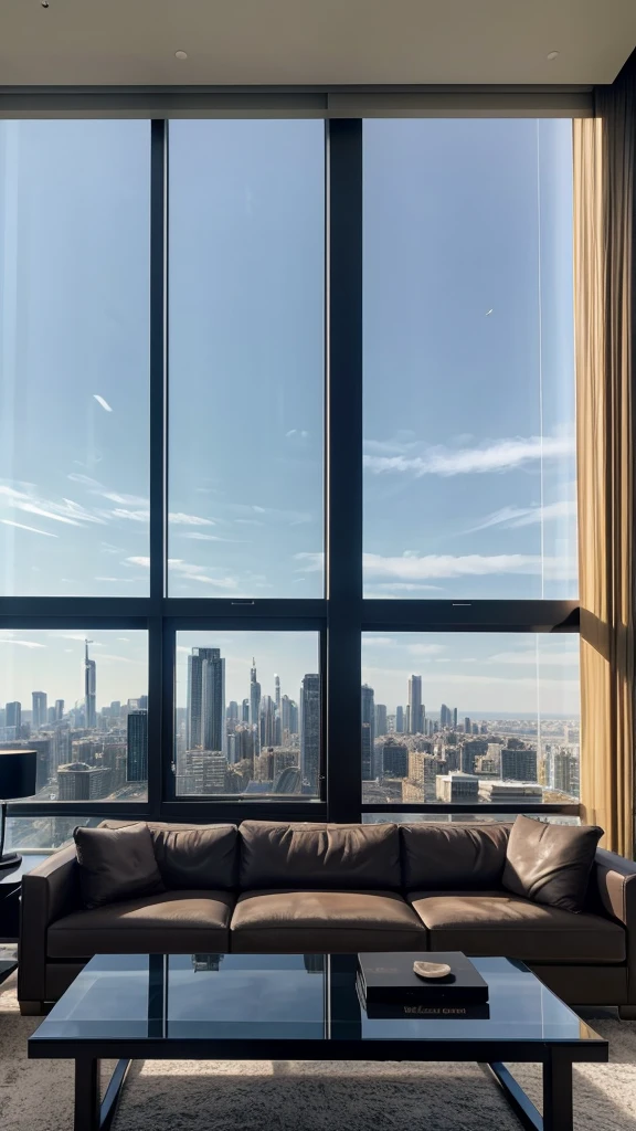 there is a living room with a couch and a coffee table, expansive cinematic view, skyline showing from the windows, luxury condo interior, city apartment, fancy apartment, luxurious environment, living room, inside a grand, highly detailed 8k photography, floor - to - ceiling windows, by Robert Jacobsen, expansive view, city view, overlooking a modern city