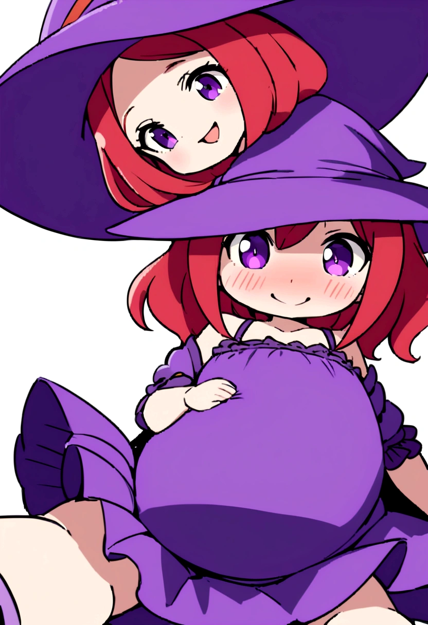 pregnant cute redhead girl, with long red hair, purple eyes, purple shirt, dark purple skirt, purple witch hat, purple heels, cute smile, blushing