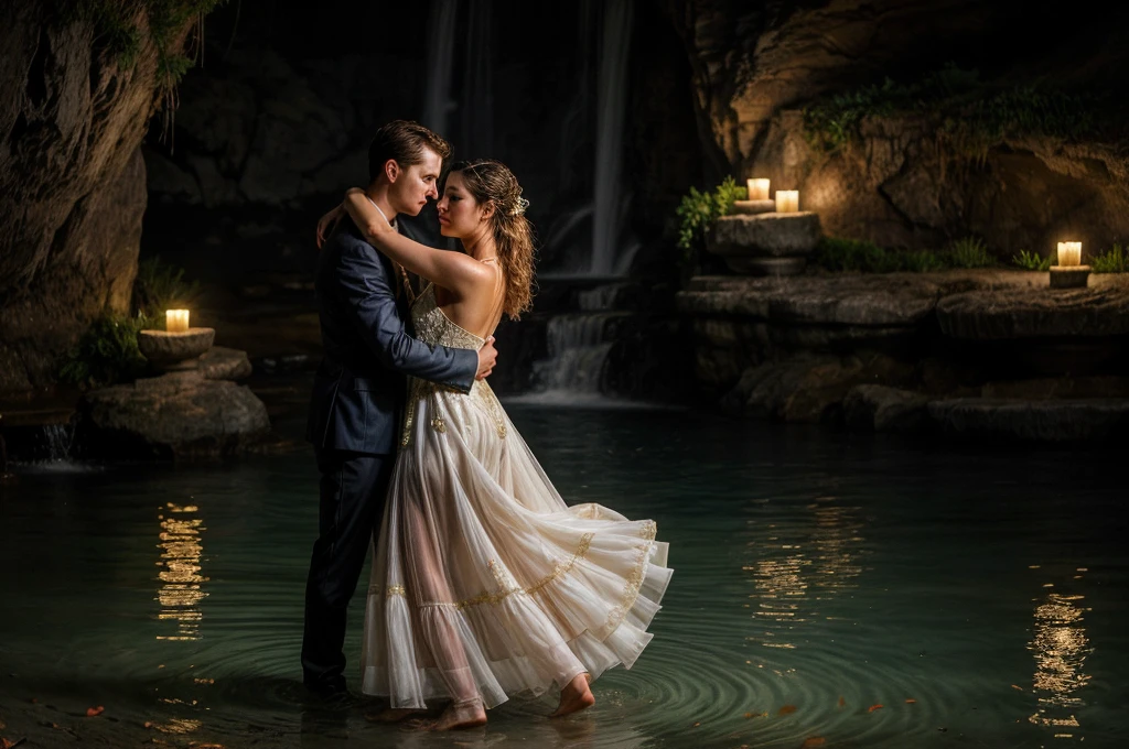 a young white male and young female dressed in formal clothes, dancing waltz in shallow water of a grotto, candles, flower petals, intimate, romantic mood, beautiful detailed eyes, beautiful detailed lips, extremely detailed eyes and face, longeyelashes, elegant ballroom dance, intricate dress, flowing dress, water ripples, mist, dramatic lighting, moody lighting, warm colors, golden hour, soft focus, photorealistic, highly detailed, masterpiece