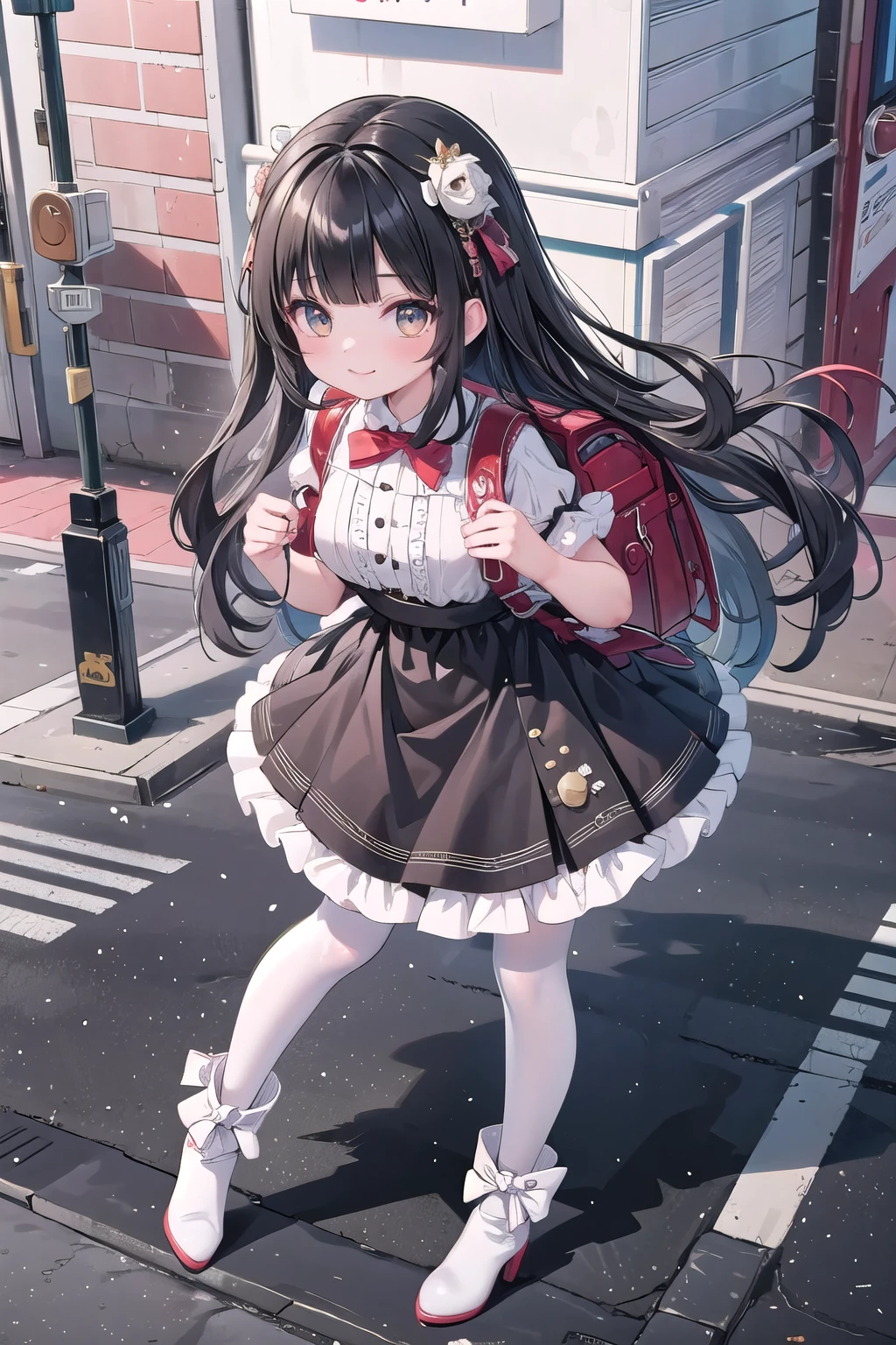best quality, quality, masterpiece, 1girl, solo, full body, standing, long black hair, straight hair, blunt bangs, looking at viewer, smile, cyb dress,lolita dress, bow, apron, frills, puffy short sleeves, hair ornament, white thighhighs, high heels boots colorful dress, street, wearing red backpack, (backpack:1.2)