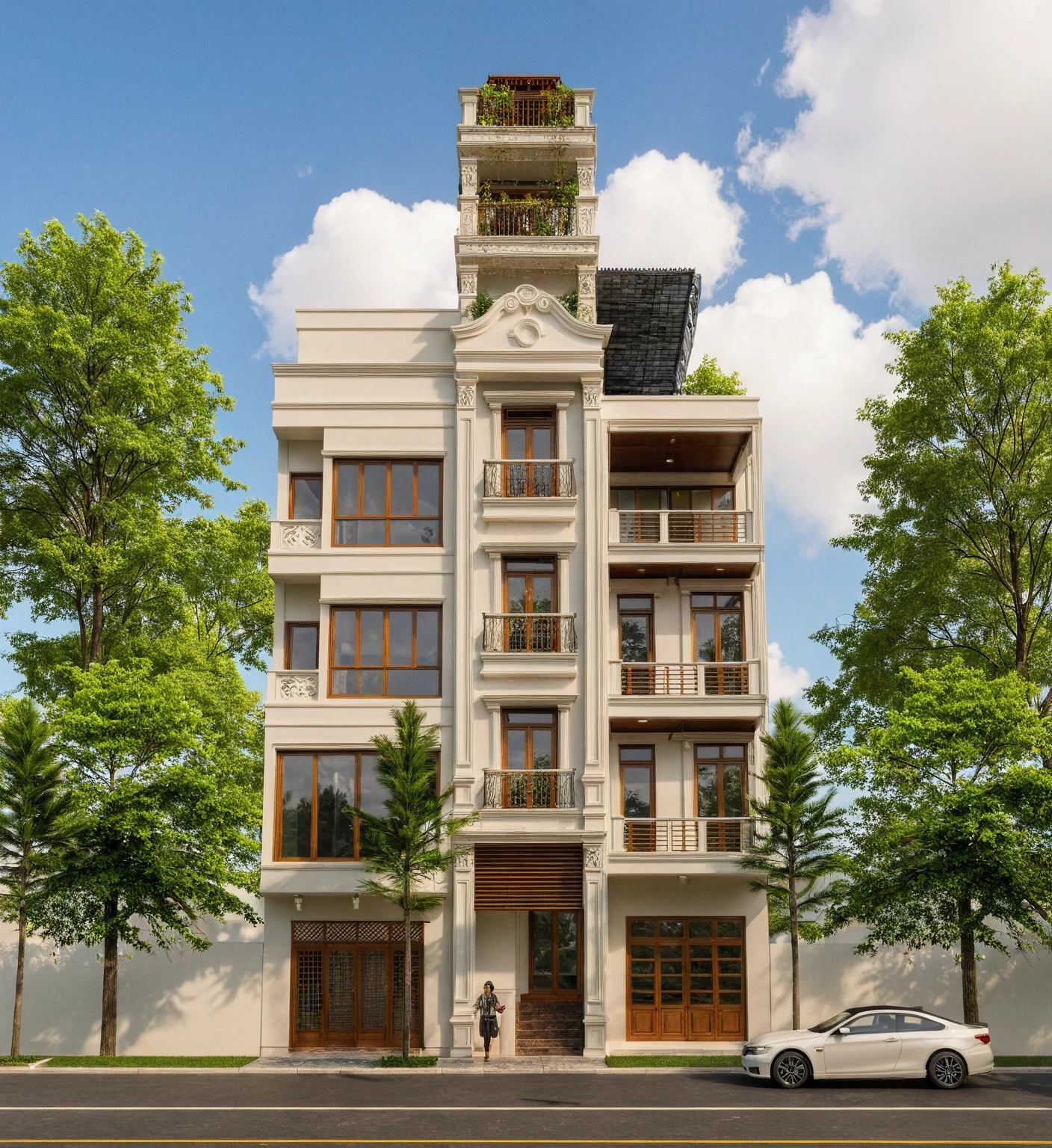 Raw photo,Masterpiece, high quality, best quality, authentic, super detail,
exterior, outdoors, house style indochine on the street ,aiaigroup
road,pavement, grass, trees, sky, cloud, (day:1.1)