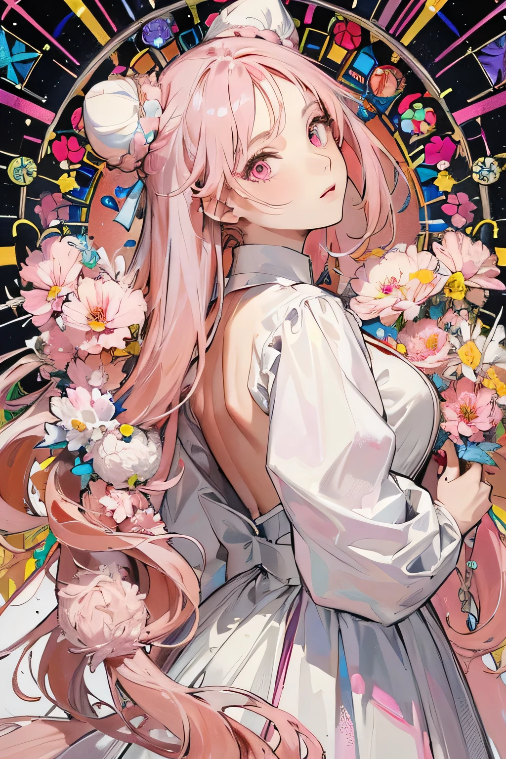 (masterpiece, Highest quality), 8K,(((Very detailed))), race:1.8,Super intricate race pattern,colorful race pattern,Stained Glass Background, kaleidoscope,light up, 1 female,Open Back,Top Bust:1.5,(Hair Ribbon:0.4), Pink Eyes,(((White bun hair))),(((Long pink hair))),