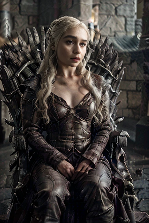 A sexy Daenerys Targaryen sitting on the Game of Thrones throne, fantasy throneroom, sinister gothic hall, gothic throne, dark, horror, best quality, masterpiece, d43n3rys, emlclrk