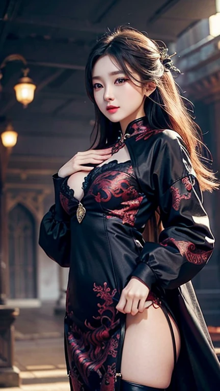 Super detailed、Japanese、charming beauty、seductive adult woman、Beautiful woman、sharp eyes、cool girl、wavy hair、long black cheongsam、wide sleeve、evilの幹部、evil depravity、brainwashing、Mind control、apply lipstick、grin、evilな表情、evil、empty eyes、evil、Tunnel at night、vampire、vampire、Hypnosis、puppet
