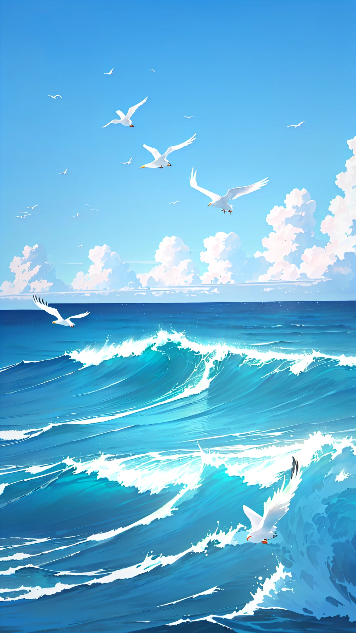 there are two seagulls Flying over the ocean on a sunny day, wild Ocean background, Sea background, Ocean background, Wallpaper Anime Blue Water, Beautiful Ocean, Blue Sea, sky and Ocean background, Sea and sky, Rough Seas, Flying over the ocean, Clouds、Wings and waves, Bright sea, Detailed sea, Beautiful sea view, realistic ocean, blue ocean,Seagull flying