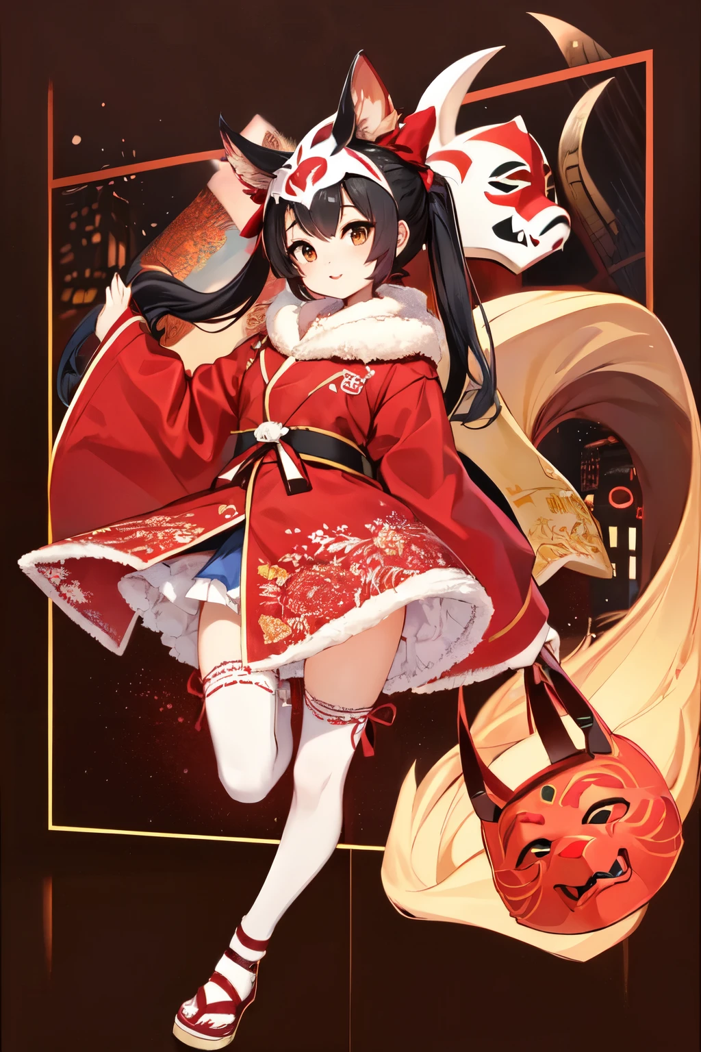 An elusive girl who uses any means necessary, wears a thousand masks and plays a thousand different roles, wealth, status and power are not important to her, she loves fun, wears a red, yellow and white haori coat, has black hair in twin tails with a red ribbon, and has a glamorous background.