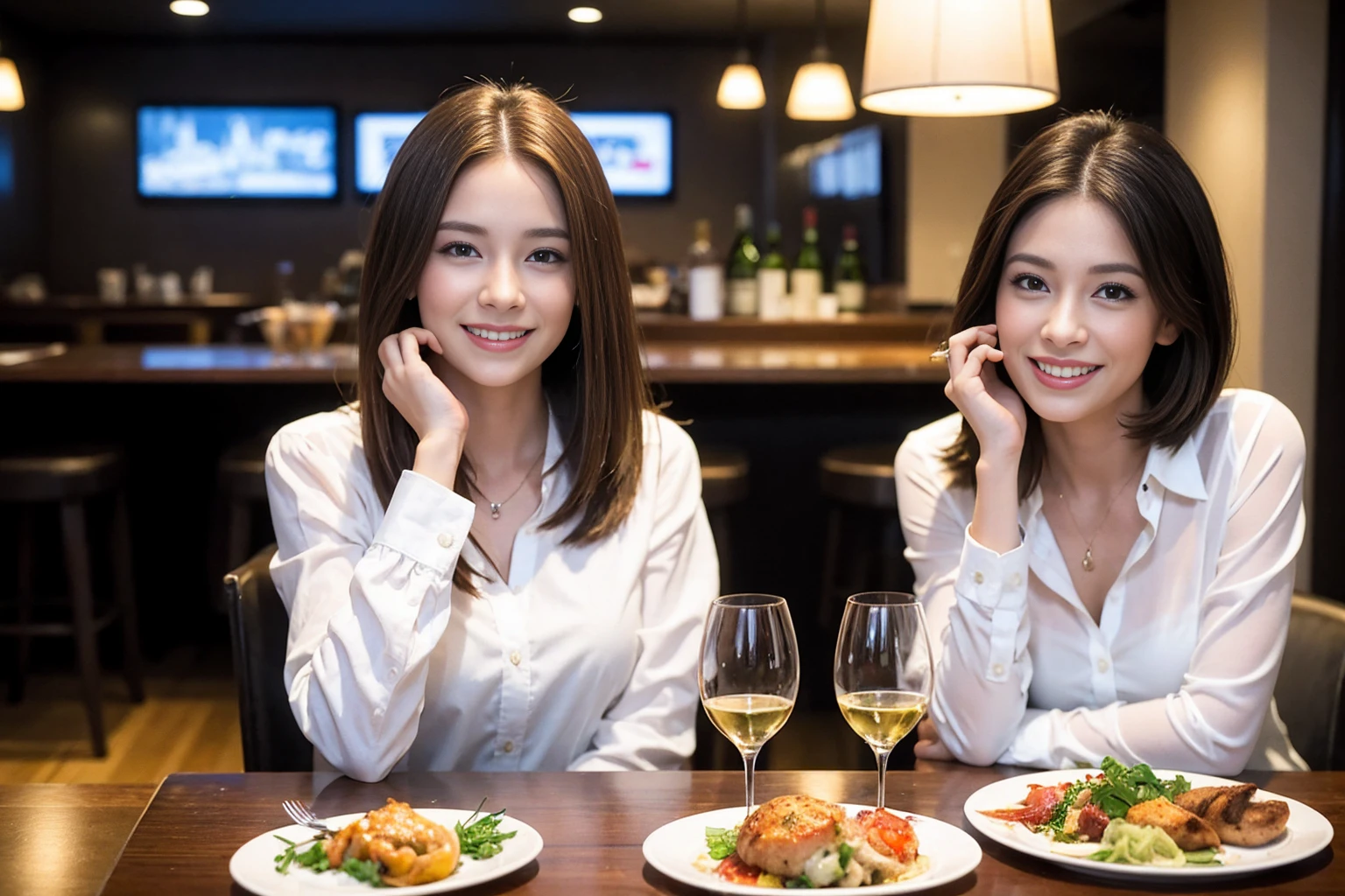 ((Highest quality、8K、masterpiece:1.3))、1 male、1 female、spouse、Beautiful couple、smile、full-course dinner、 (Slim face), (the body is スリム), (Brown Hair), (Shortcuts), ((Bob Hale、Straight hair:1.2)), テーブルの上のwine glass、Put the light on your face、 Amazing view of the sunset sky and clouds、smileの美しさ、Bright image、Blushing, Shortcuts, (Age 35), 39 years old, Appetizers、Italian food、Wine bottle、Champagne、sparkling wine、Long sleeve shirt、dress、Attractive beauty、restaurant, Nova Frog Style, actress, model, Upper Body, White wine, red wine, wine glass,