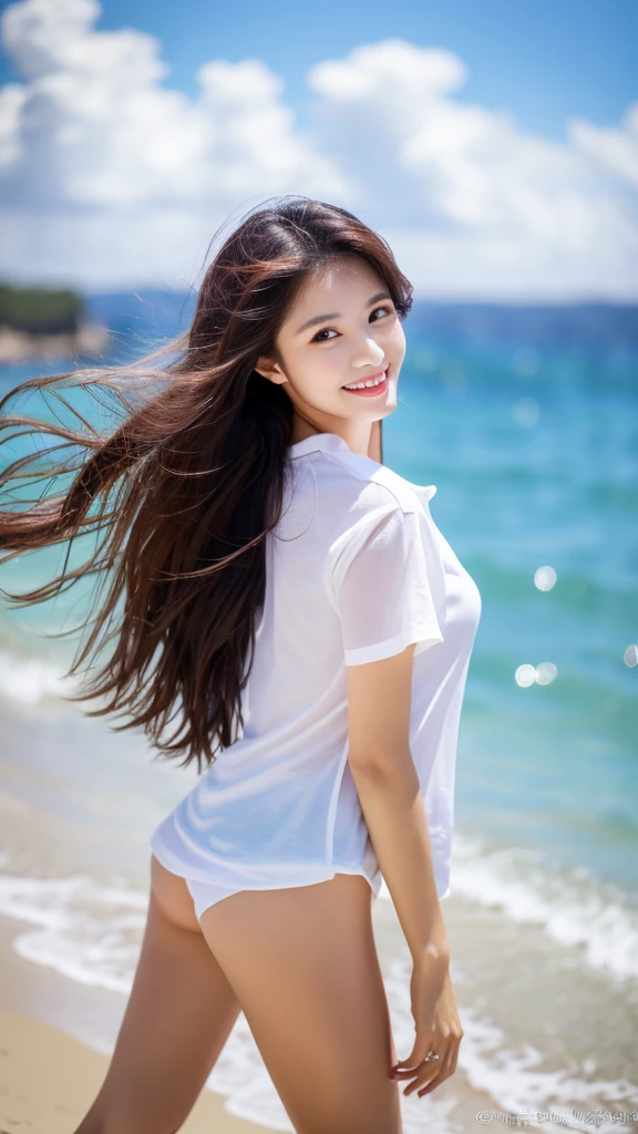 Tabletop、(Highest quality、4K、8K、High resolution、Masterpiece: 1.2)、Super detailed、(Real、Photorealistic、Photorealistic: 1.37)、Full Body Shot、Complex and beautiful eyes、woman、long hair、Natural color lip、whiteTshirt、Bold and sexy pose、smile、Ocean、20 year old girl、A cute and sexy shot looking straight at the camera。