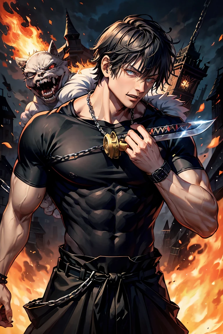 burly character, 1.85 height, egocentric look, dark hair, short hair, tanned skin, a sword with a chain, ninja mask, ropa ninja, wide trousers.scars on the face, egocentric look, Medieval world, Ruined castle and fire background. Very tight black t-shirt.