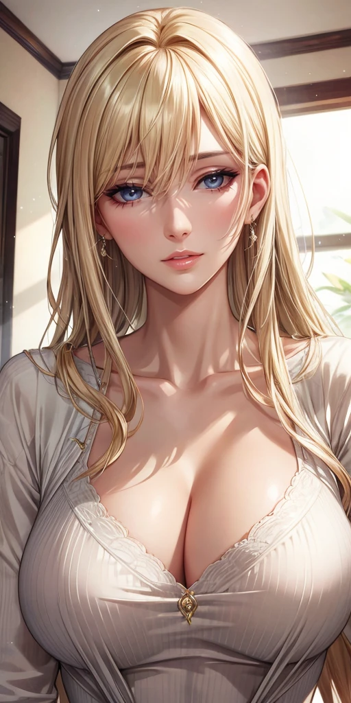 Realistic, Elegant mature woman, blue eyes, blonde hair, soft light, high detailed, 4k resolution, high quality, beautiful cg