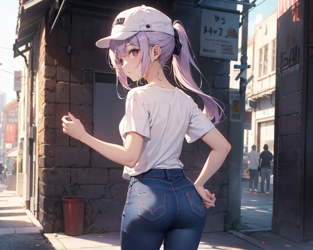 (Close-up:1.3),Realistic,Highest quality, Super detailed, High-quality CG rendering, The most delicate and beautiful, Floating softly, High resolution, (1 girl), (Highest quality,4K,8K,masterpiece:1.2), Light purple hair,(Very long ponytail:1.3),Red eyes,(Pure white oversized short sleeve T-shirt:1.3),(Black skinny jeans:1.3),(Pure white cap:1.3),In the city,old buildings,(Turn your back to your audience:1.3),Butt