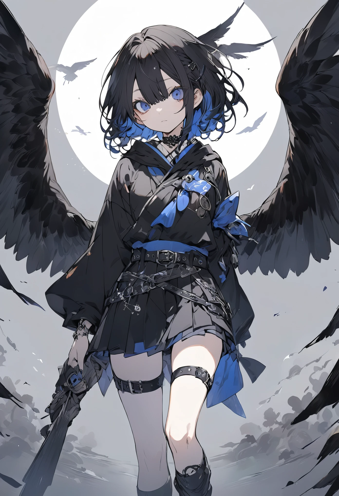 Gothic blue eyes Blue and black hair Fleeting Bird legs Belt on torso Black hood Character portrait whole body Japanese anime hand drawn illustration