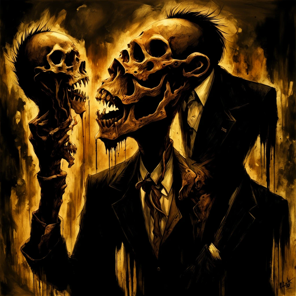Dave McKean Style - The CORINTHIAN Daemon character Dramatic dynamic portrait Dave McKean Art Style eerie atmosphere Grimdark gritty texture,, ((subtle hints of gore innew school Japanese ink in jinji ito style)), teeth in orbital sockets,,holding the skull of conjioned twins with a candle in it.