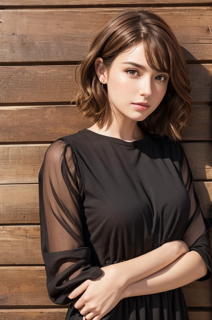 (masterpiece:1.3), (8K, Realistic, RAW Photos, Highest quality: 1.4), (One Girl), Beautiful Face, (Realistic Face), (Brown Hair, Short hair with loose waves:1.3), Beautiful Hairstyles, Realistic eyes, Beautiful details, (Realistic Skin,Landscape,Look away,Looking Up,Brush your hair up), Beautiful Skin, (Nice dress,Big size,Black Dress,Long sleeve), Absurd, charm, Ultra-high resolution, Ultra-realistic, Very detailed, Golden Ratio,Wooden plank wall,
