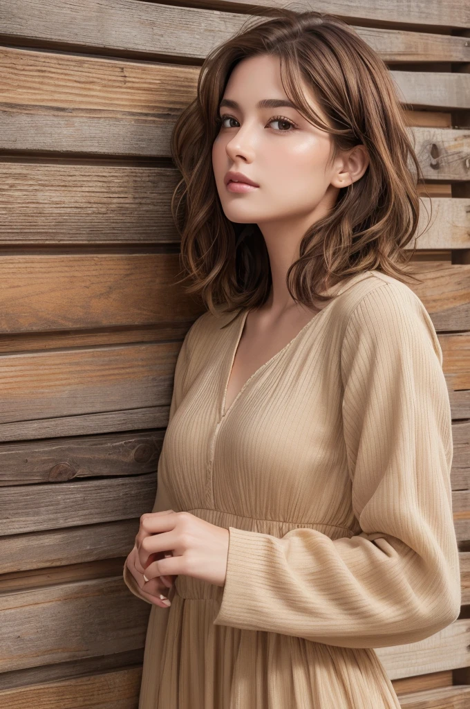 (masterpiece:1.3), (8K, Realistic, RAW Photos, Highest quality: 1.4), (One Girl), Beautiful Face, (Realistic Face), (Brown Hair, Short hair with loose waves:1.3), Beautiful Hairstyles, Realistic eyes, Beautiful details, (Realistic Skin,Landscape,Look away,Looking Up,Brush your hair up), Beautiful Skin, (Nice dress,Big size,Black Dress,Long sleeve), Absurd, charm, Ultra-high resolution, Ultra-realistic, Very detailed, Golden Ratio,Wooden plank wall,