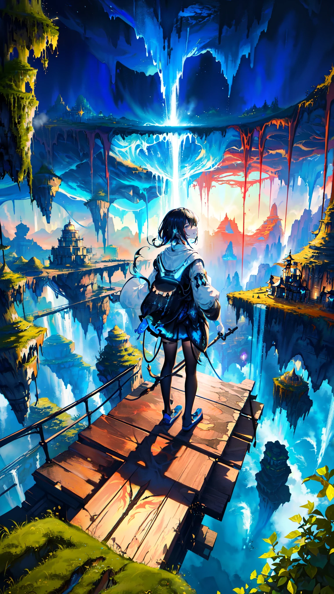 A scientist teenager observes a monumental quantum gate activation from a suspended bridge amidst floating islands and waterfalls. The scene combines advanced technology with natural beauty, fantasy world, dark background, clean design, epic, artstation, colorful paint splatter, silhouette, hyper detailed intricate details, unreal engine, fantasy, splash screen, complementary colors, deviantart masterpiece, oil painting, heavy strokes, paint dripping, indifferent expression