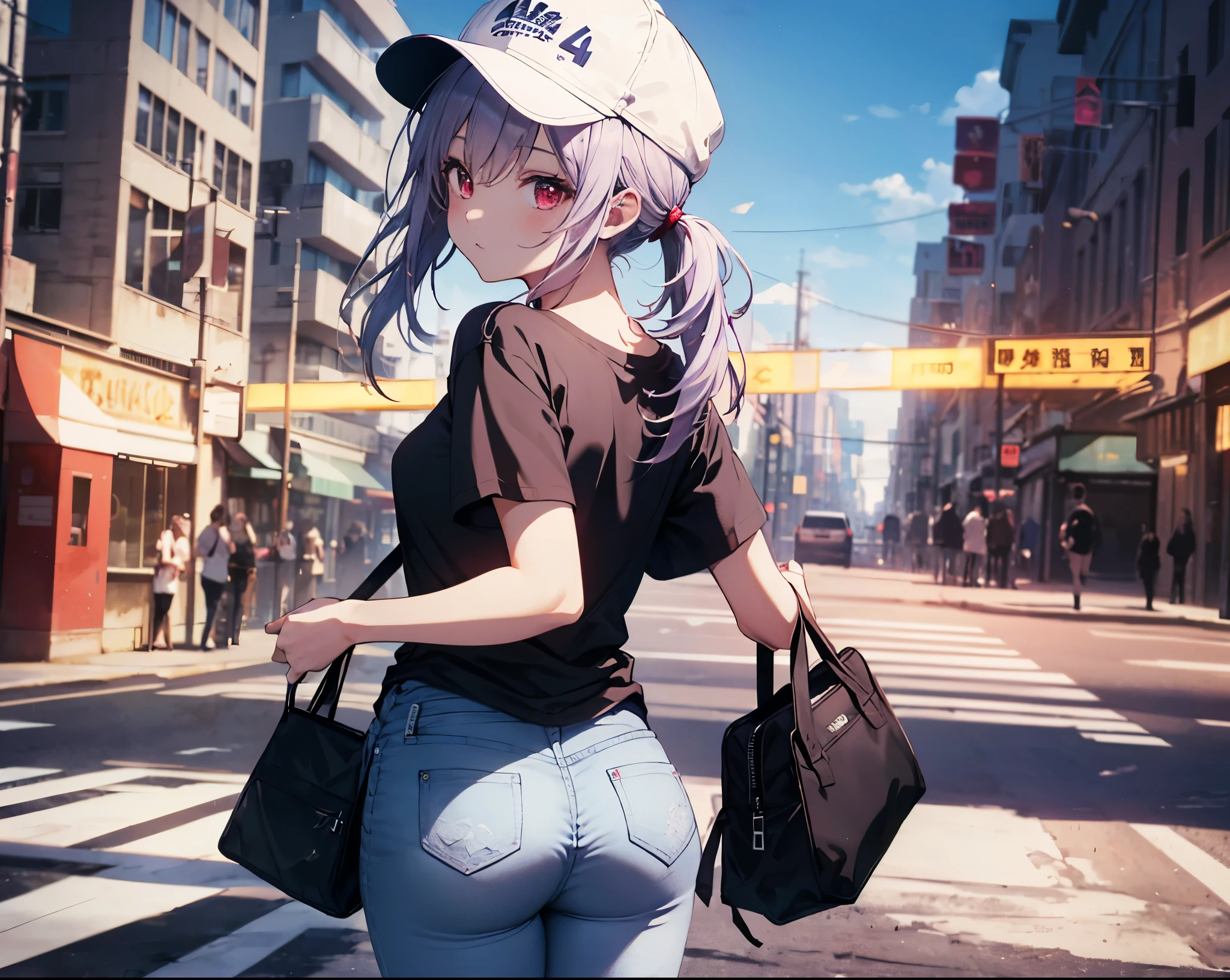 (Close-up:1.3),Realistic,Highest quality, Super detailed, High-quality CG rendering, The most delicate and beautiful, Floating softly, High resolution, (1 girl), (Highest quality,4K,8K,masterpiece:1.2), Light purple hair,(Very long ponytail:1.3),Red eyes,(Pure white oversized short sleeve T-shirt:1.3),(Black skinny jeans:1.3),(Pure white cap:1.3),In the city,old buildings,(Turn your back to your audience:1.3),Butt