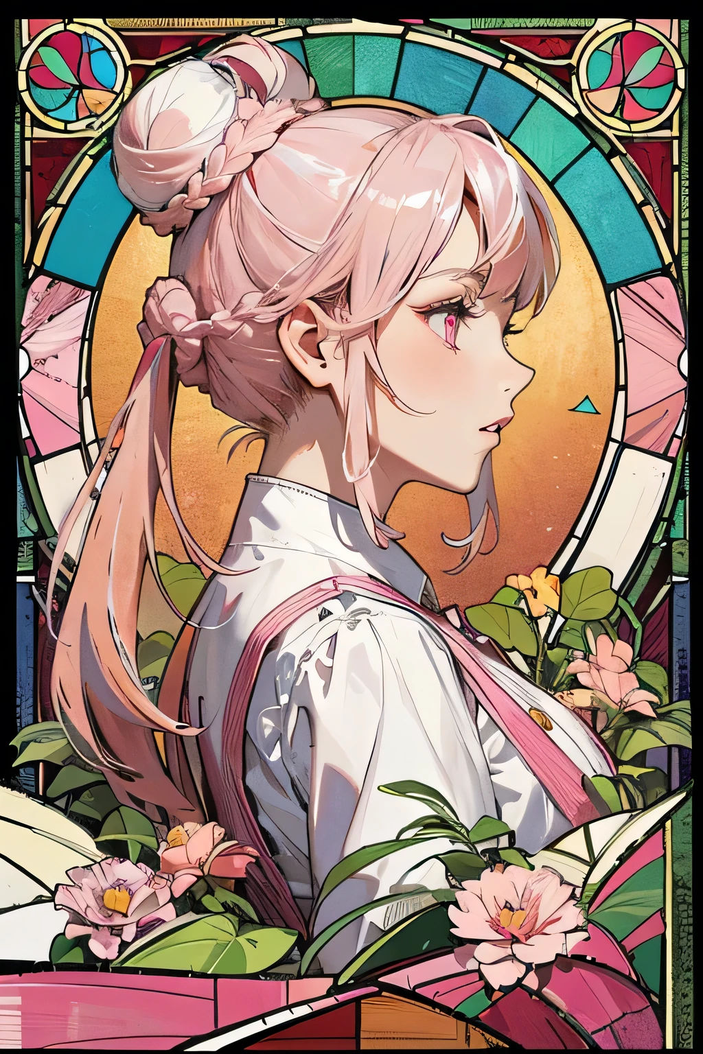 (masterpiece, Highest quality), 8K,(((Very detailed))), race:1.8,Super intricate race pattern,colorful race pattern,Stained Glass Background, kaleidoscope,light up, 1 female,Open Back,Top Bust:1.5,(Hair Ribbon:0.4), Pink Eyes,(((White bun hair))),(((Long pink hair))),