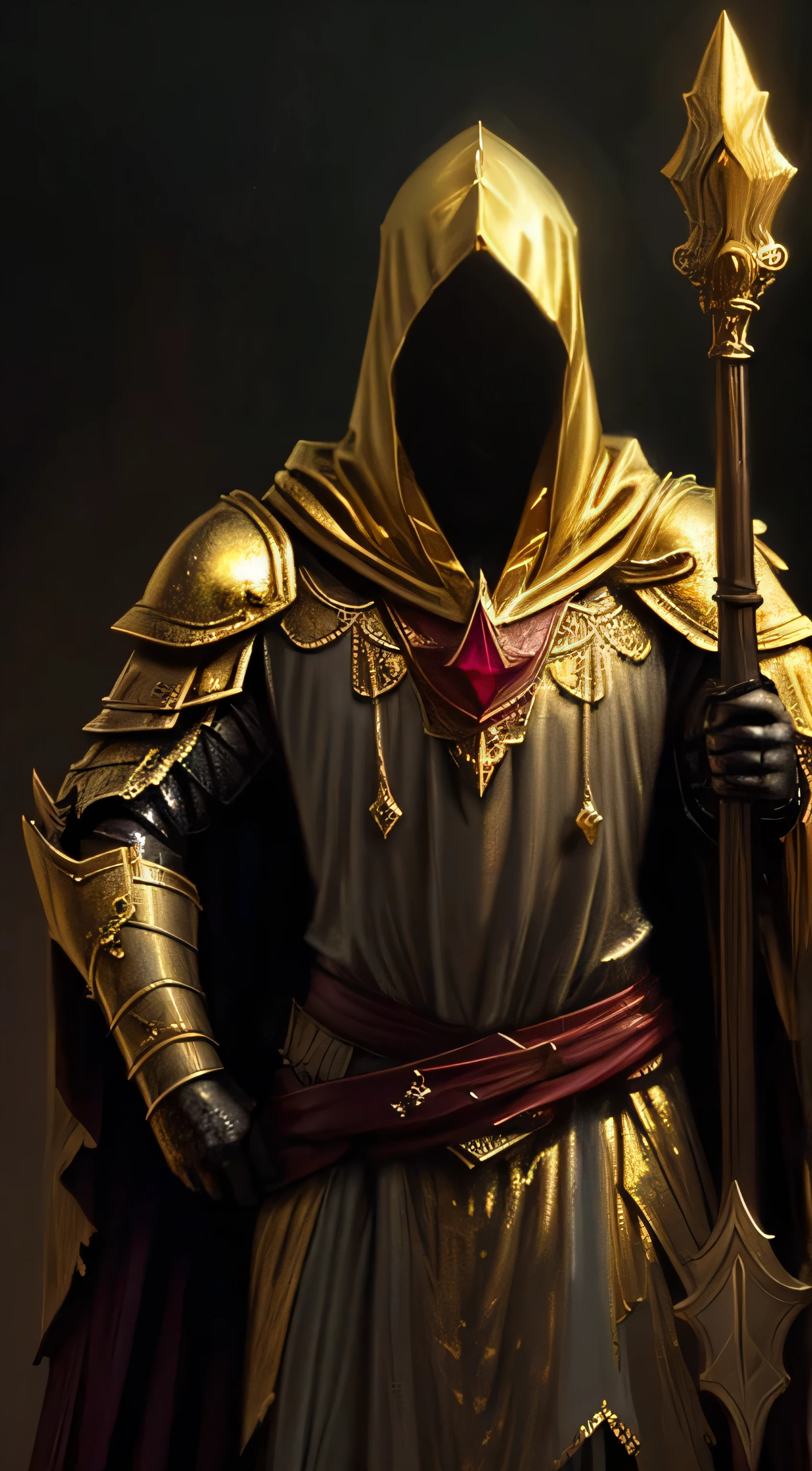 analog style, ((intricate details)), dark lighting, (broken lord), (intricate), 1man, solo, ((ghost)), (((gold enhanced armor))), (((ruby hood))), ((ruby cape)), ((spear)), stick, dynamic pose, intricate, complex, Helios 44-2, swirly bokeh, trending on artstation, sharp focus, studio photo, intricate details, highly detailed, sharp, dnd character portrait, (oil on canvas), perfect lighting, Masterpiece, detailed background, portrait by artgerm and greg rutkowski, cinematic lighting, 8k