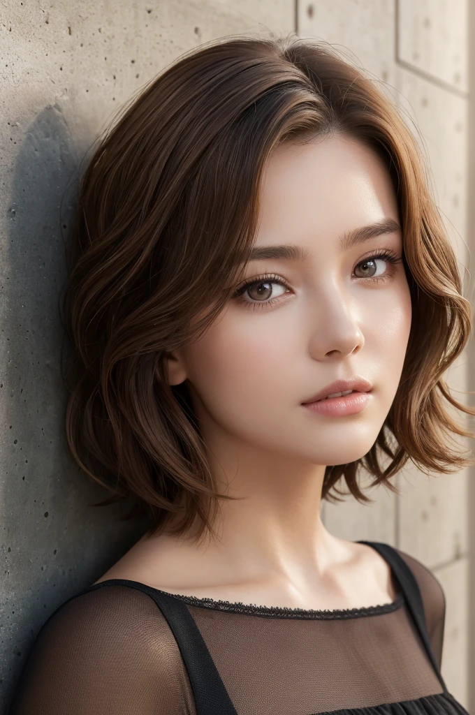 (masterpiece:1.3), (8K, Realistic, RAW Photos, Highest quality: 1.4), (One Girl), Beautiful Face, (Realistic Face), (Brown Hair, Short hair with loose waves:1.3), Beautiful Hairstyles, Realistic eyes, Beautiful details, (Realistic Skin,Landscape,Look away,Looking Up,Brush your hair up), Beautiful Skin, (Nice dress,Big size,Black Dress,Long sleeve), Absurd, charm, Ultra-high resolution, Ultra-realistic, Very detailed, Golden Ratio,Concrete wall,