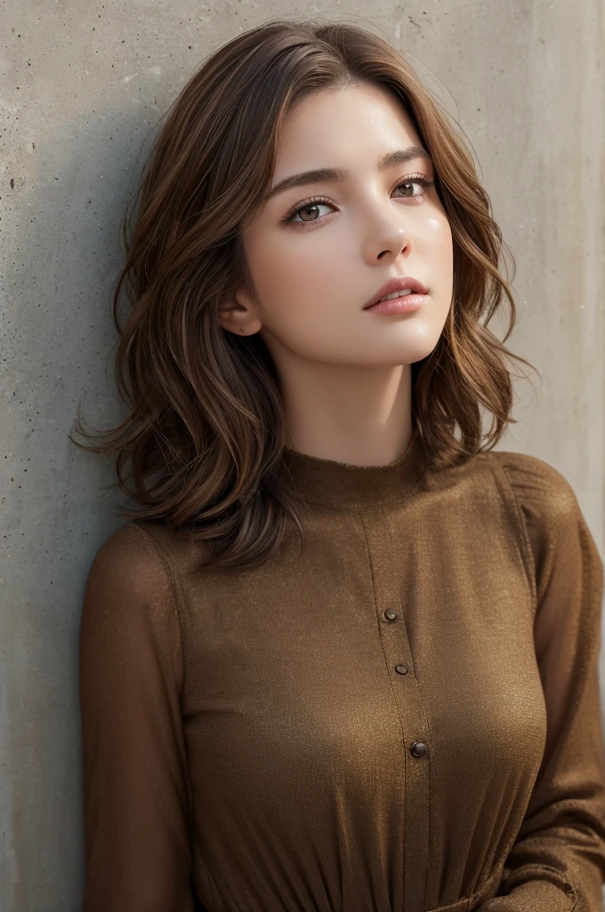 (masterpiece:1.3), (8K, Realistic, RAW Photos, Highest quality: 1.4), (One Girl), Beautiful Face, (Realistic Face), (Brown Hair, Short hair with loose waves:1.3), Beautiful Hairstyles, Realistic eyes, Beautiful details, (Realistic Skin,Landscape,Look away,Looking Up,Brush your hair up), Beautiful Skin, (Nice dress,Big size,Black Dress,Long sleeve), Absurd, charm, Ultra-high resolution, Ultra-realistic, Very detailed, Golden Ratio,Concrete wall,