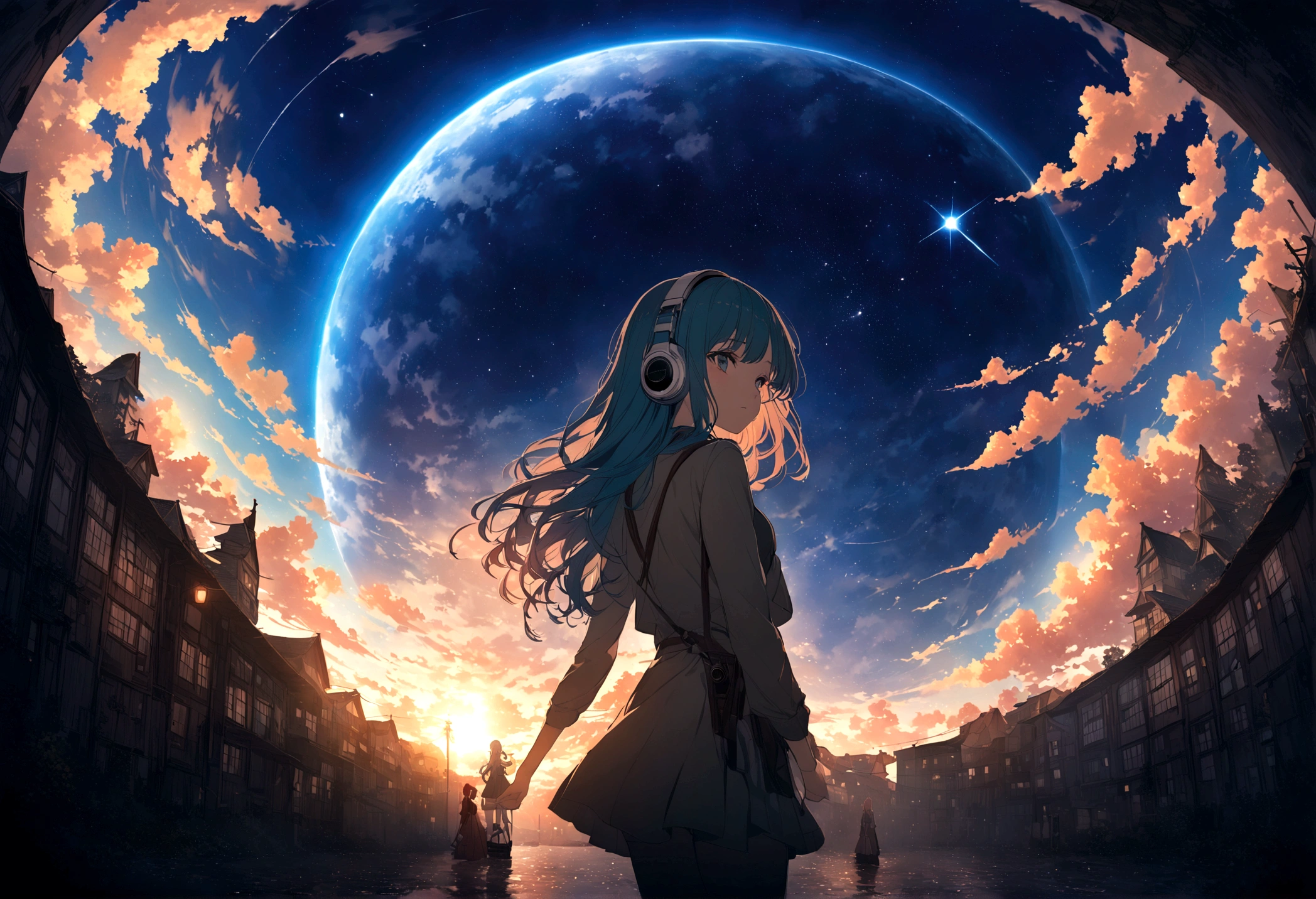 masterpiece,32k,Blue Hair、、The starry sky fills the screen.、女の子のBack view。A woman is wearing headphones 4k, sad,、Bowwater'Art Style、Beautiful digital illustrations、Beautiful character drawings、Stunning Anime Face Portrait Mikudayo, Official artwork, Lo-fi Girl, Admire the art style,, Halfbeak, Anime atmosphere, A mix of anime style and Fujifilm, Digital anime illustration, anime wallpaper 4k ヘッドフォンをつけた少女 Blue Hairの女性 Put on your headphones; High resolution high quality Beautiful and realistic sky The sky is the main thing Back view Back view The scenery is the main thing The scenery is the main thing Emotional lofi old camera film Deep 3D