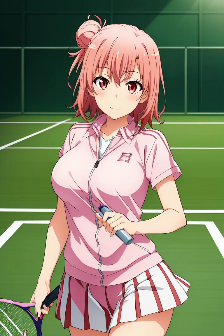 highest quality, High resolution, perfect pixel, Depth of the bounds written, 4k, beautiful anime girl, perfect body,
looking at the viewer,
Yuigahama Yui, 1 girl, short hair, pink hair, hair bun, pink eye,
large breast,
tennis uniform,
cowboy shot,